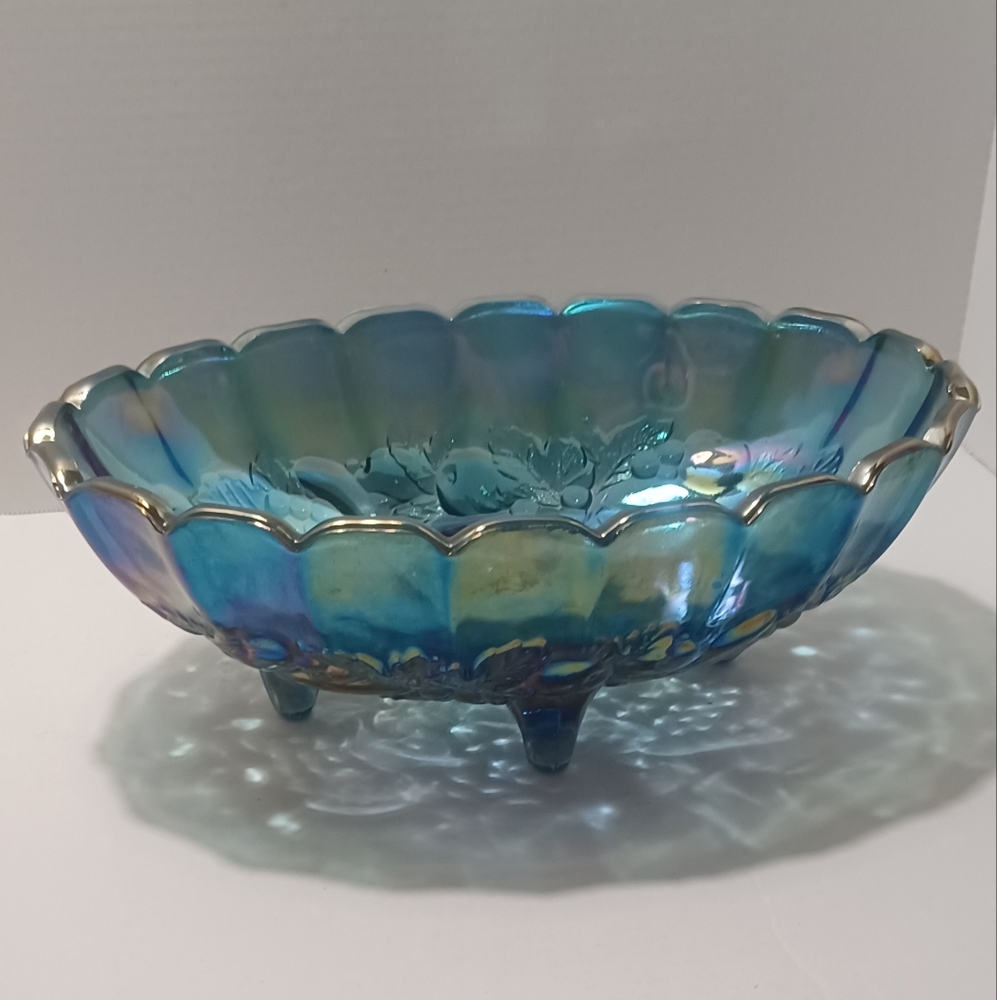 Iridescent Blue Carnival Glass Harvest Grape Oval Bowl